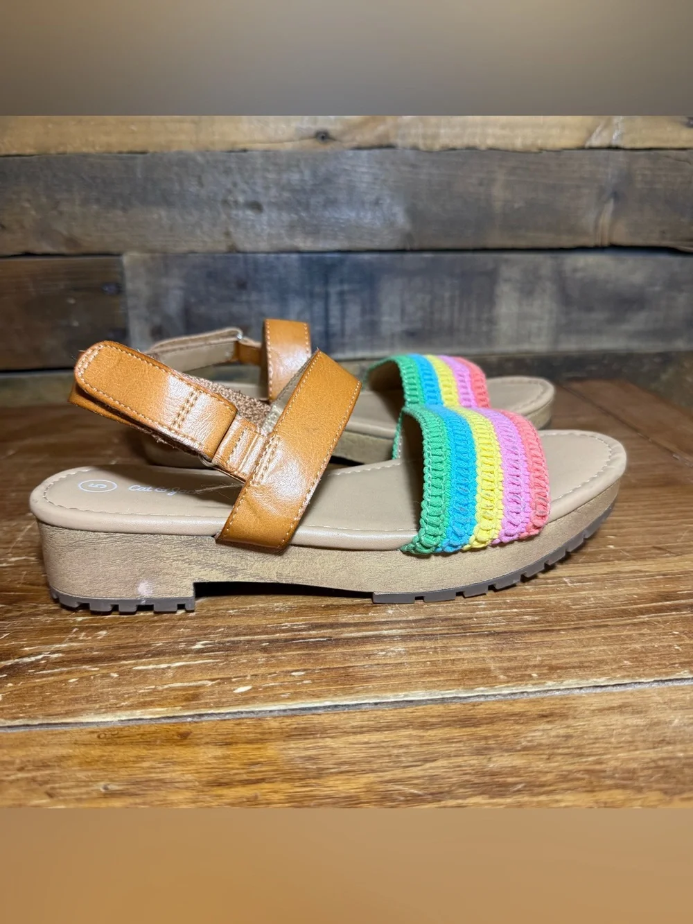 Cat & Jack Wedge Sandals Shoes Girls Sz 5 Ariana Rainbow Velcro Closure